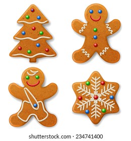 Set of Christmas gingerbread, decorated colored icing