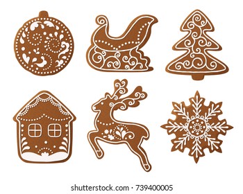 Set of christmas gingerbread decorated cookies. Christmas tree, snowflakes, gifts. Winter holidays. Vector Illustration EPS10.