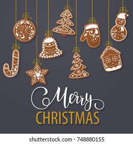 Set of christmas gingerbread decorated cookies. Christmas tree, snowflakes, gifts. Winter holidays. Vector Illustration EPS10.