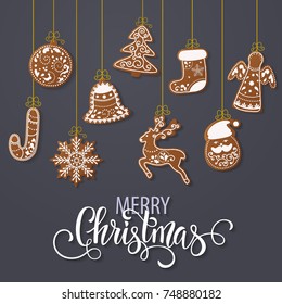 Set of christmas gingerbread decorated cookies. Christmas tree, snowflakes, gifts. Winter holidays. Vector Illustration EPS10.