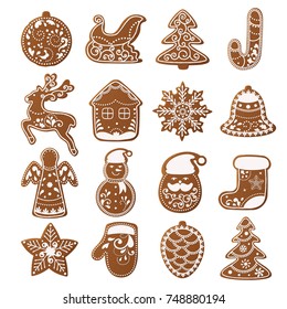 Set of christmas gingerbread decorated cookies. Christmas tree, snowflakes, gifts. Winter holidays. Vector Illustration EPS10.