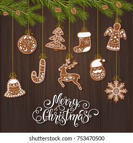 Set of christmas gingerbread decorated cookies. Christmas tree, snowflakes, gifts. Winter holidays. Vector Illustration EPS10.