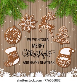 Set of christmas gingerbread decorated cookies. Christmas tree, snowflakes, gifts. Winter holidays. Vector Illustration EPS10.