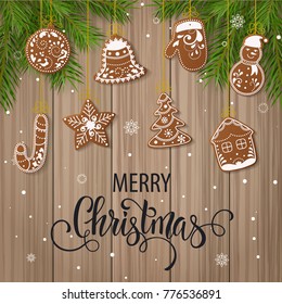 Set of christmas gingerbread decorated cookies. Christmas tree, snowflakes, gifts. Winter holidays. Vector Illustration EPS10.