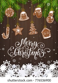 Set of christmas gingerbread decorated cookies. Christmas tree, snowflakes, gifts. Winter holidays. Vector Illustration EPS10.
