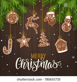 Set of christmas gingerbread decorated cookies. Christmas tree, snowflakes, gifts. Winter holidays. Vector Illustration EPS10.