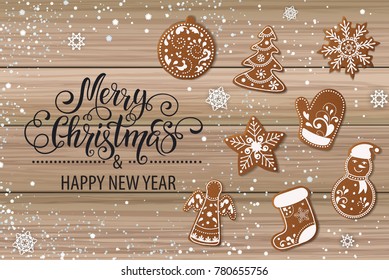 Set of christmas gingerbread decorated cookies. Christmas tree, snowflakes, gifts. Winter holidays. Vector Illustration EPS10.