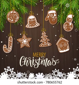 Set of christmas gingerbread decorated cookies. Christmas tree, snowflakes, gifts. Winter holidays. Vector Illustration EPS10.