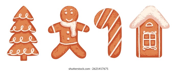 Set of Christmas gingerbread decorated with icing. Holiday flat illustration with grainy noise texture