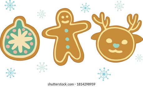 Set of Christmas gingerbread. Gingerbread deer, Christmas ball, man. Color work. Doodle. Hand drawn