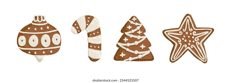 Set of Christmas gingerbread is drawn in a flat style. Holiday, sweets, pastries. Hand drawn vector illustration.