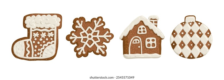 Set of Christmas gingerbread is drawn in a flat style. Holiday, sweets, pastries. Hand drawn vector illustration.