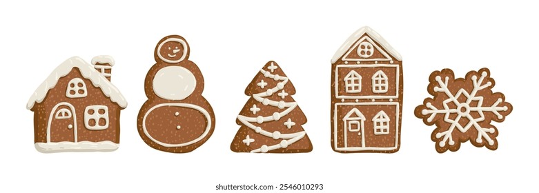 Set of Christmas gingerbread is drawn in a flat style. Holiday, sweets, pastries. Hand drawn vector illustration.