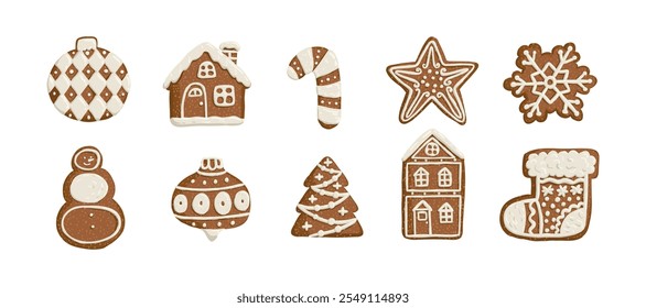 Set of Christmas gingerbread is drawn in a flat style. Holiday, sweets, pastries. Hand drawn vector illustration.