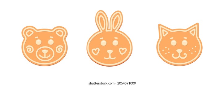 Set of Christmas gingerbread in the form of animals. Cat. Bear. Hare. Rabbit. Teddy. Bruin. Sweet baking with glaze. Holidays. Isolated vector stock illustration EPS 10 on white background.