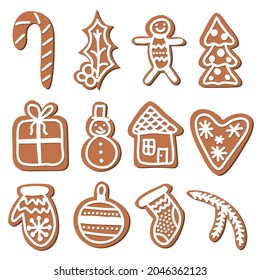 Set of Christmas gingerbread with frosting. For festive decoration of postcards and decorating projects. Simple flat vector illustration