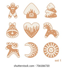Set of Christmas gingerbread with glaze drops. Xmas icons isolated on white background.