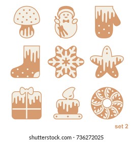 Set of Christmas gingerbread with glaze drops. Xmas icons isolated on white background.