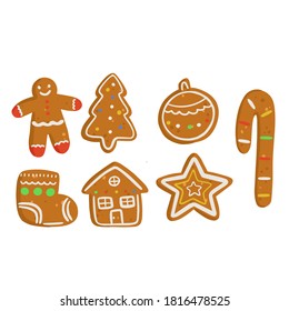 Set Christmas gingerbread with glaze: ginger man, ginger house, sock, ginger stick, star, Christmas tree, new year's ball on light background. Vector illustration.