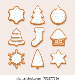Set Christmas gingerbread with glaze: gingerbread house, snowflake, sock, Christmas tree, bell, star, new year's ball on light background. Vector illustration.
