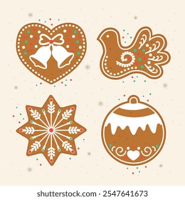 Set of Christmas gingerbread heart, snowflake, bird, and Christmas ornament