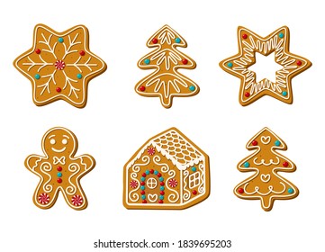 Set of christmas gingerbread. Homemade cookies isolated on white background. Gingerbread man, snowflake, christmas tree and gingerbread house. Vector illustration