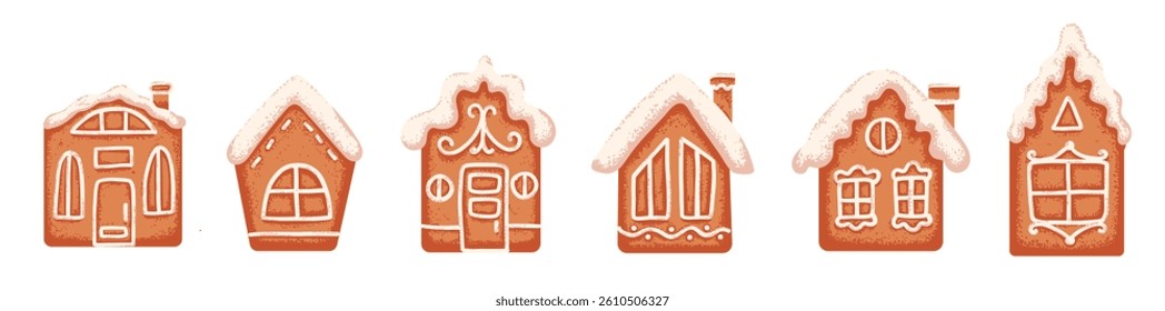 Set of Christmas gingerbread house with icing and decoration. Flat illustration with grainy texture effect