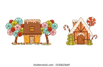 Set of Christmas gingerbread houses decorated with sweets cartoon vector illustration