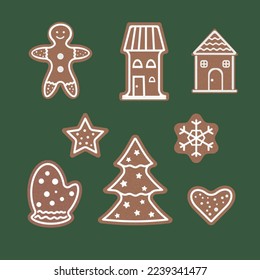 set Christmas gingerbread: gingerbread houses, gingerbread man, snowflakes, Christmas tree, star. Vector illustration.