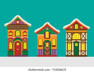 Set of Christmas Gingerbread Houses. Vector Illustration. Flat, Cartoon Style. Beautiful Christmas Decorative Design for Kids.