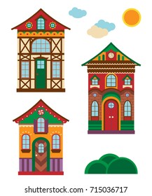 Set of Christmas Gingerbread Houses. Vector Illustration. Isolated on White Background. Flat  Cartoon Style. Beautiful Christmas Decorative Design.