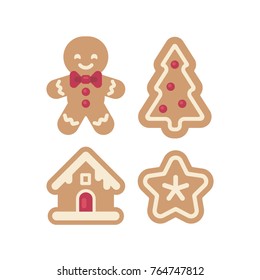 Set of Christmas gingerbread icons. Man, house, tree and star flat illustration. Fun holiday food