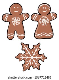 Set of Christmas gingerbread isolated on white background. Vector cartoon set: Men, Woman, Snowflake. Happy New Year and Merry Christmas gingerbread figures cover by glaze