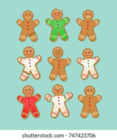 set of Christmas gingerbread man cookies with different injuries and expressions.