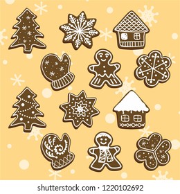 Set of Christmas gingerbread man, house, tree, snowflake and mitten for decoration and backgrounds