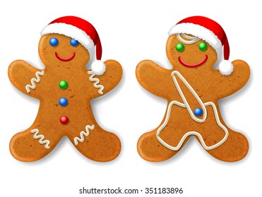 A set of Christmas gingerbread man in a Santa hat, decorated with icing, isolated on white