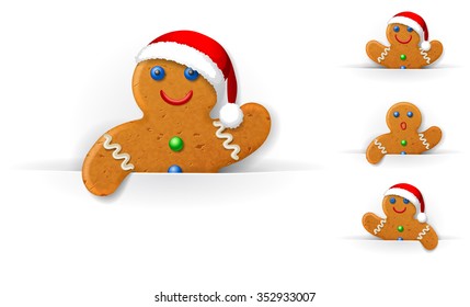 Set of Christmas gingerbread mans looks out from a horizontal white paper sheet 