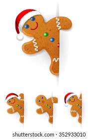   Set of Christmas gingerbread mans looks out from behind a vertical white paper sheet 