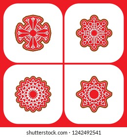 set Christmas gingerbread snowflakes, new year's ball on red background. Vector illustration. pattern.