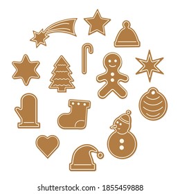 Set of Christmas gingerbread - sock, snowflake, snowman, gingerbread man, hat, heart, Christmas tree. Vector stock illustration. Isolate on a white background
