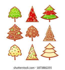 Set of Christmas gingerbread trees on a white background. Ideal for holiday design of cards, prints, scrapbooking.
