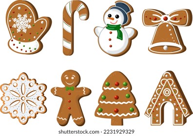 Set of Christmas gingerbread. Vector EPS illustration for stickers, creating patterns, wallpaper, 
wrapping paper, for  postcards, design template, fabric, clothing, 
cross-stitch, embroidery.