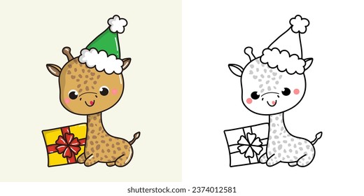 Establezca la jirafa de Navidad multicolor y blanco y negro. Kawaii Clip Art Christmas African Animal. Ilustración vectorial de un animal kawaii para pegatinas navideñas. 