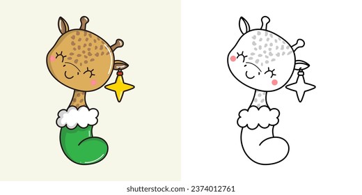 Establezca la jirafa de Navidad multicolor y blanco y negro. Kawaii Clip Art Christmas African Animal. Ilustración vectorial de un animal kawaii para pegatinas navideñas. 