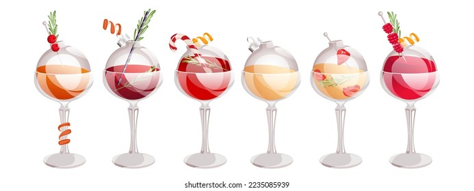 A set of Christmas glass balls with cocktails.Cocktail with raspberries, champagne with strawberries, mimosa, gin and tonic with cranberries, martini.Christmas decorations with cocktails inside.