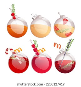 A set of Christmas glass balls with cocktails.Cocktail with raspberries, champagne with strawberries, mimosa, gin and tonic with cranberries, martini.Christmas decorations with cocktails inside.