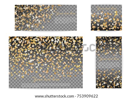 Set Christmas glossy banners layout with Golden shooting stars confetti for a festive design