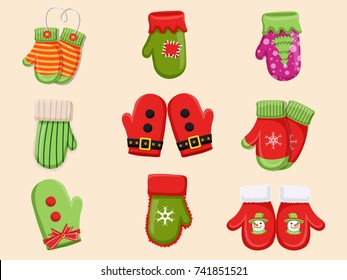 Set of Christmas gloves. Collection of merry Christmas and New Year. Vector illustration.
