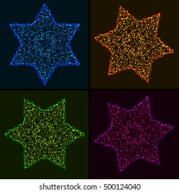 Set of Christmas Glowing Colorful Hexagonal Stars. Design Elements of Celebratory Decor.