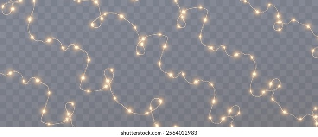 Set of Christmas glowing garlands.  Yellow lights glow on a transparent background. Decor element for postcards, invitations, backgrounds transparent, business cards. Winter new collection 2025.